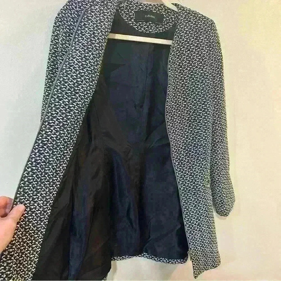 Zara Classic Minimalist Tweed Blue White Zip Up Peacoat Women’s Size Small - Picture 8 of 10